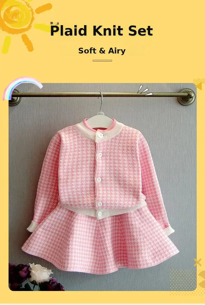 Dangdang tree autumn Korean style Plaid knitted suit children's houndstooth cardigan skirt two-piece Children's suit wholesale — feature 1