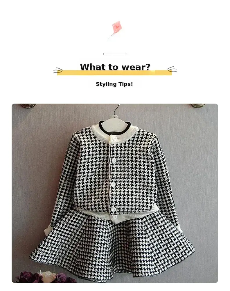 Dangdang tree autumn Korean style Plaid knitted suit children's houndstooth cardigan skirt two-piece Children's suit wholesale — feature 2