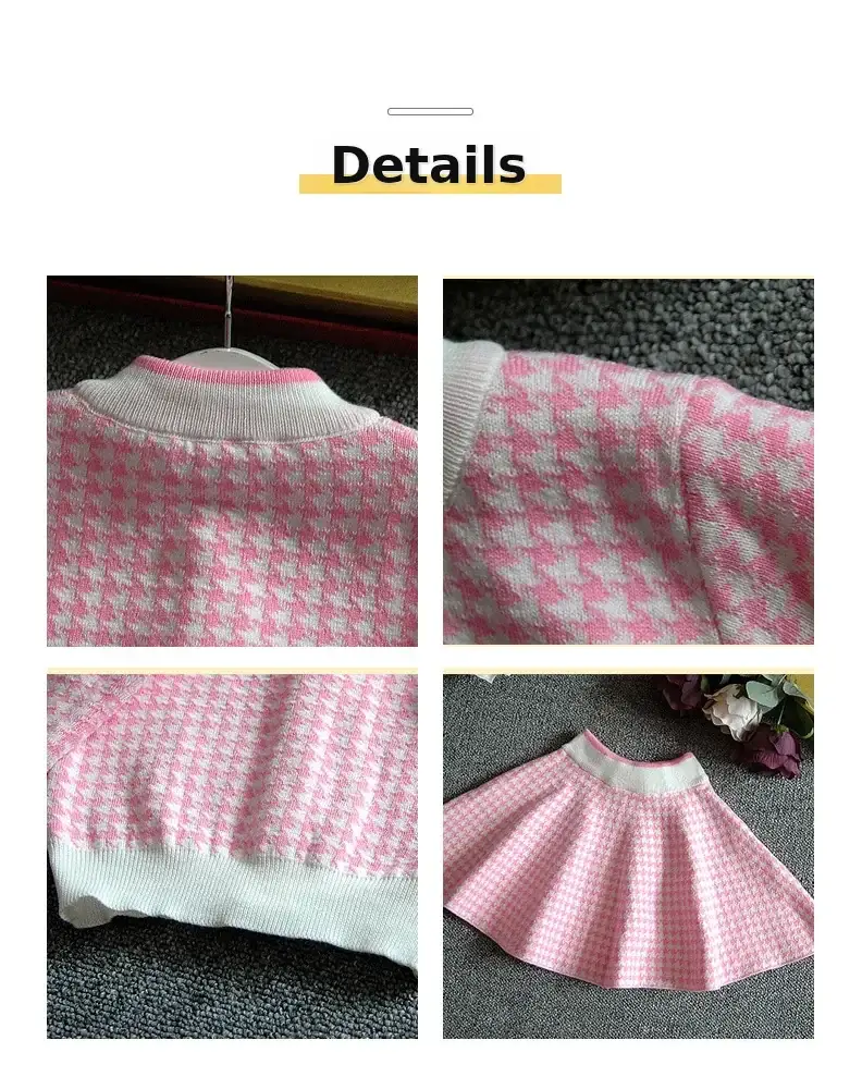 Dangdang tree autumn Korean style Plaid knitted suit children's houndstooth cardigan skirt two-piece Children's suit wholesale — feature 4