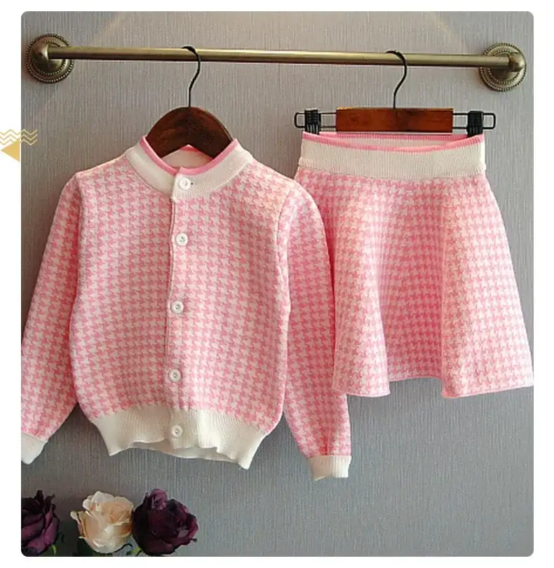 Dangdang tree autumn Korean style Plaid knitted suit children's houndstooth cardigan skirt two-piece Children's suit wholesale — feature 6