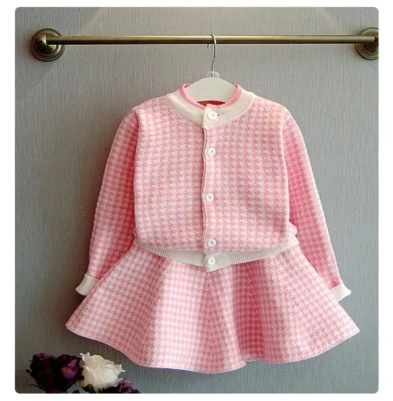 Dangdang tree autumn Korean style Plaid knitted suit children's houndstooth cardigan skirt two-piece Children's suit wholesale — feature 8