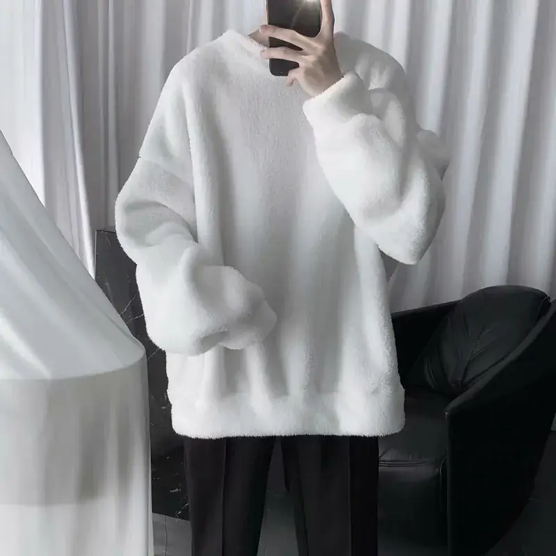 Lamb Wool Warm Men's Fleece Coat White Round Neck - Image 6