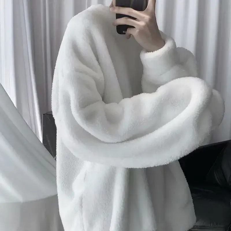 Lamb Wool Warm Men's Fleece Coat White Round Neck - Image 7