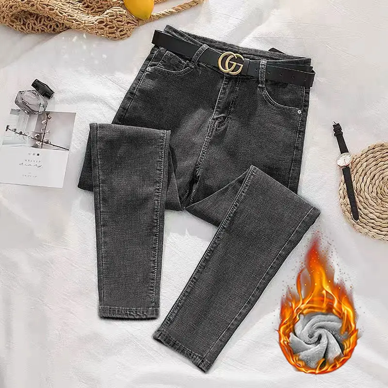 Women Slim Fit Stretch Fleece Jeans 2020 Black - Image 2