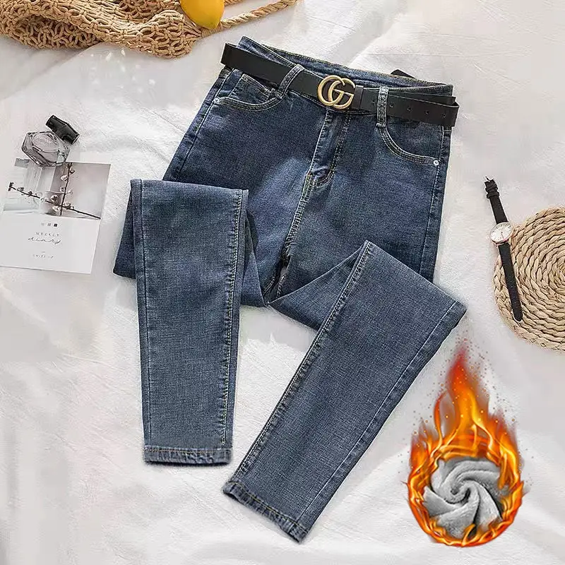 Women Slim Fit Stretch Fleece Jeans 2020 Black - Image 4