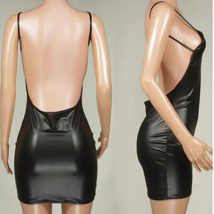 Black High-Gloss Backless Dress with Hip-Covering Skirt - Image 4