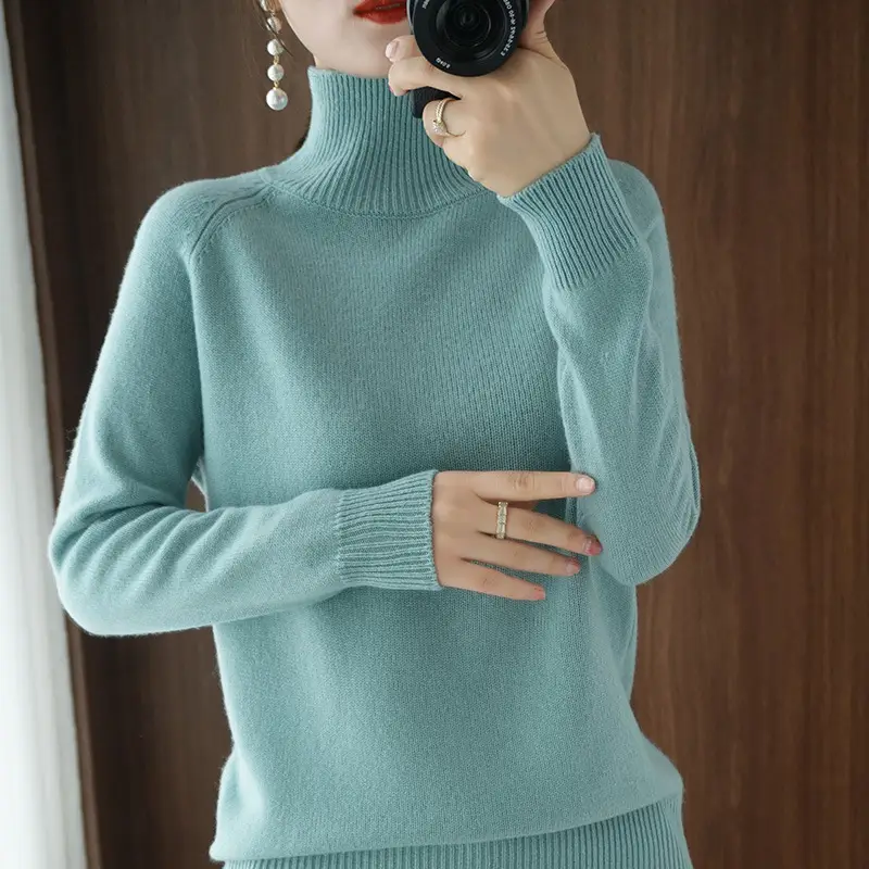 Women's Grey Knitted High Collar Pullover Sweater