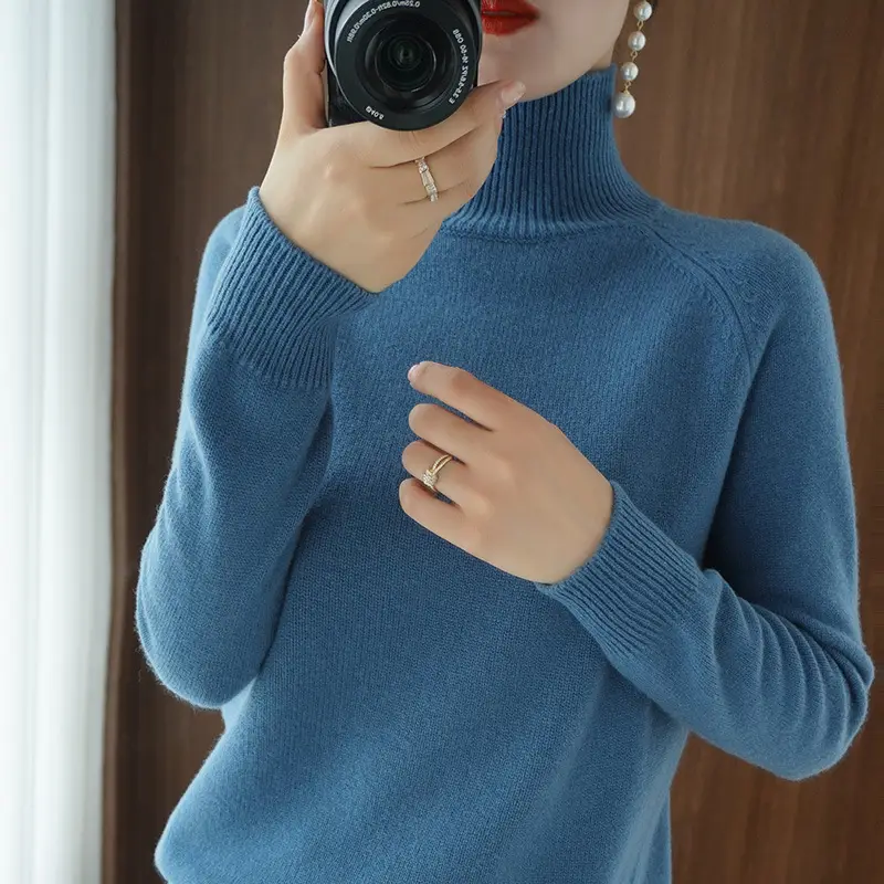 Women's Grey Knitted High Collar Pullover Sweater