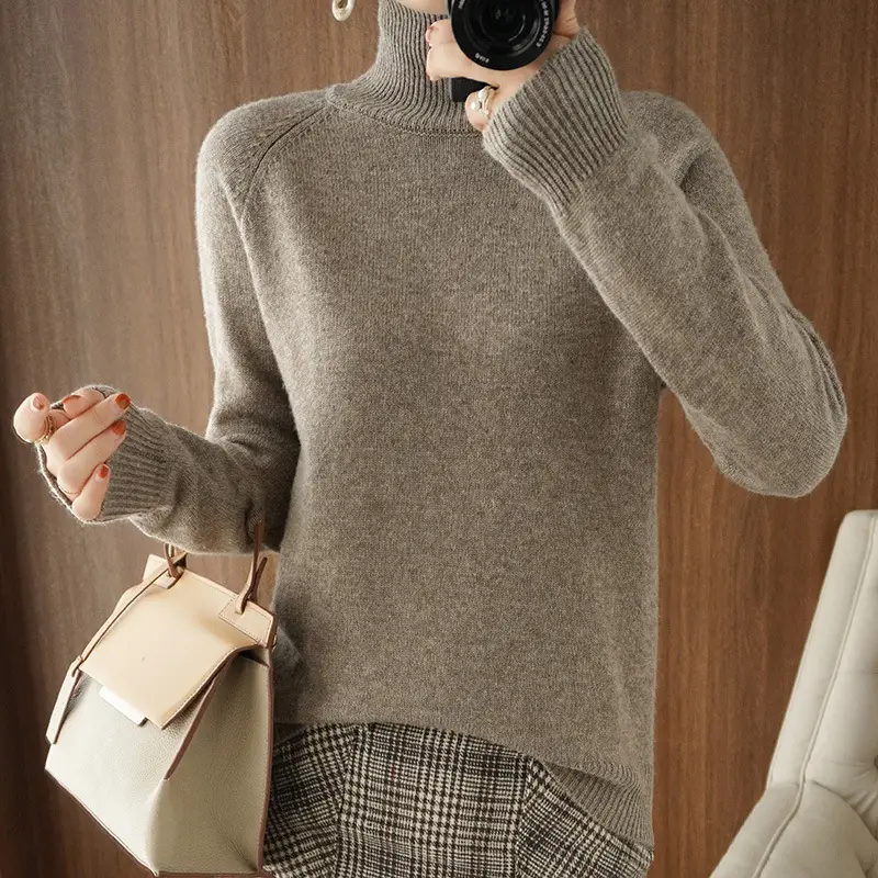 Women's Grey Knitted High Collar Pullover Sweater