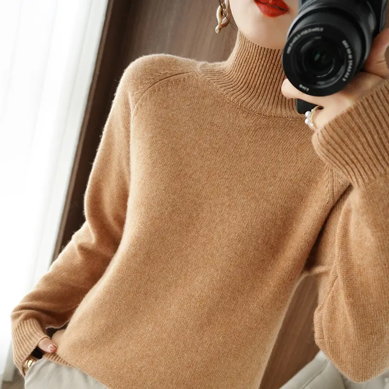 Women's Grey Knitted High Collar Pullover Sweater