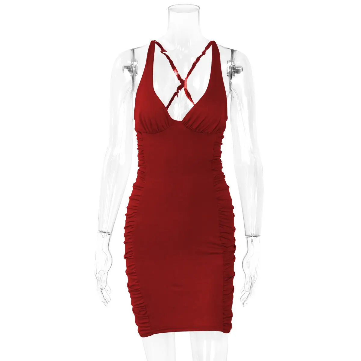 White V-Neck Backless Pleated Dress for Women - Image 8