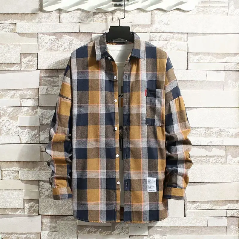Men's Long Sleeve Plaid Shirt Blue Orange Large - Image 2
