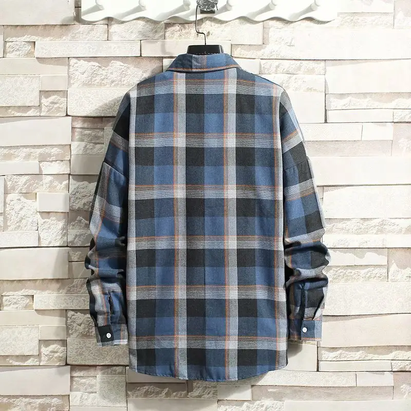 Men's Long Sleeve Plaid Shirt Blue Orange Large - Image 3