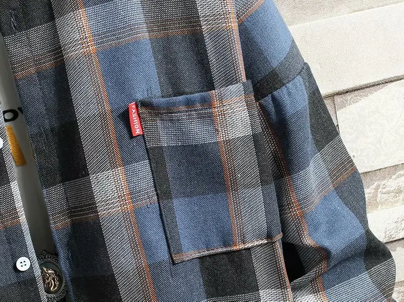 Men's Long Sleeve Plaid Shirt Blue Orange Large - Image 5