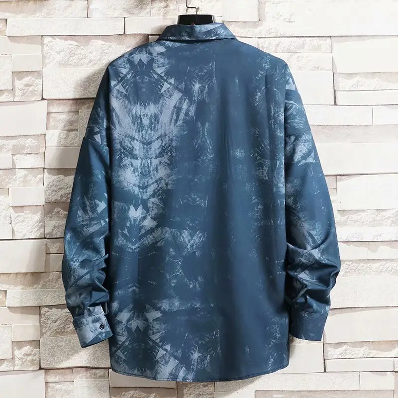Men Long Sleeve Blue Floral Shirt Loose Casual Hong Kong Style - Image 2