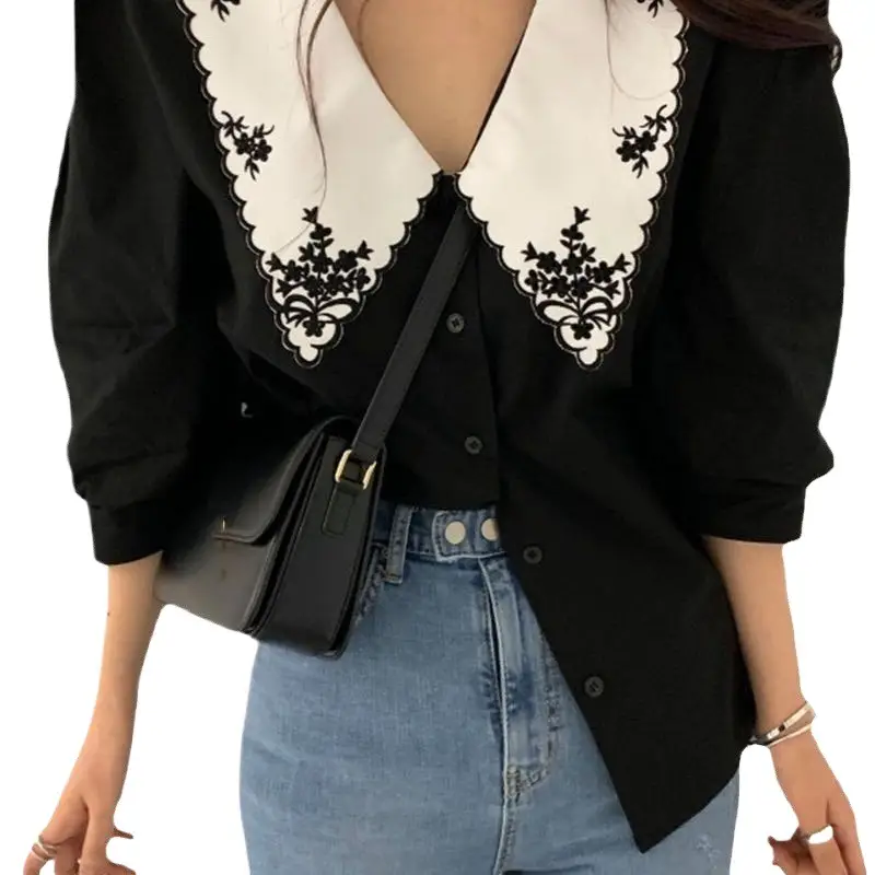 Women Embroidered Lapel Shirt Black White Contrast Single Breasted - Image 5