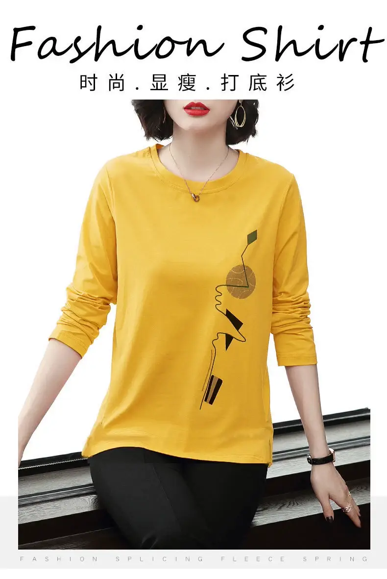 Women Long Sleeve Red T-Shirt with Peach Print 058 Curve — feature 2