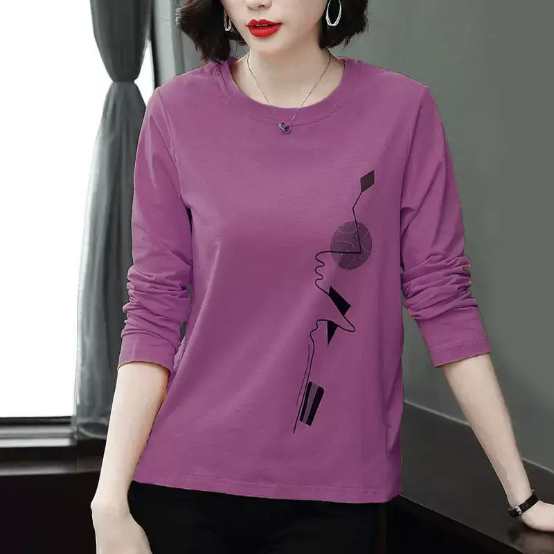 Women Long Sleeve Red T-Shirt with Peach Print 058 Curve — feature 6