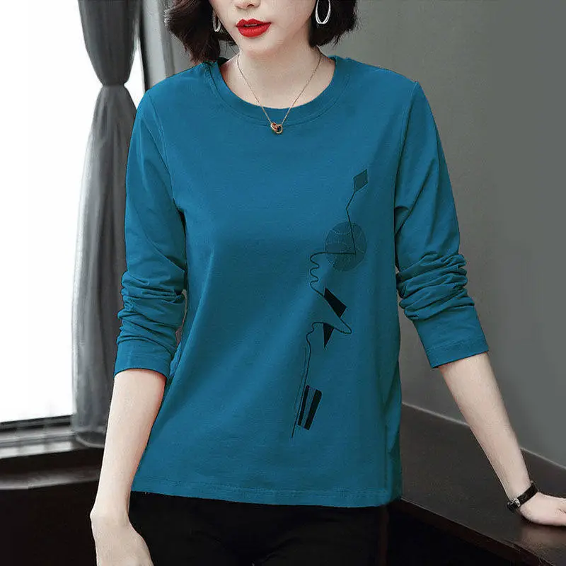 Women Long Sleeve Red T-Shirt with Peach Print 058 Curve - Image 5