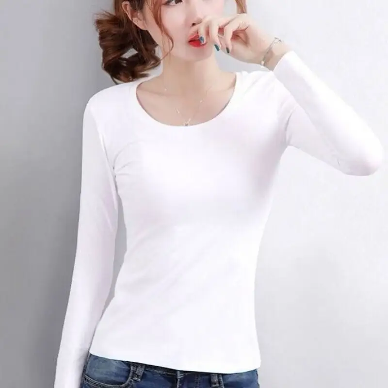 Korean Fleece Lined Round Neck T-Shirt Black Long Sleeve Women Winter Warm Top - Image 5