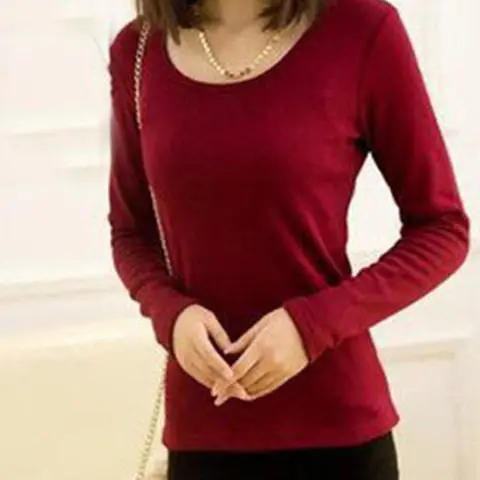 Korean Fleece Lined Round Neck T-Shirt Black Long Sleeve Women Winter Warm Top - Image 2