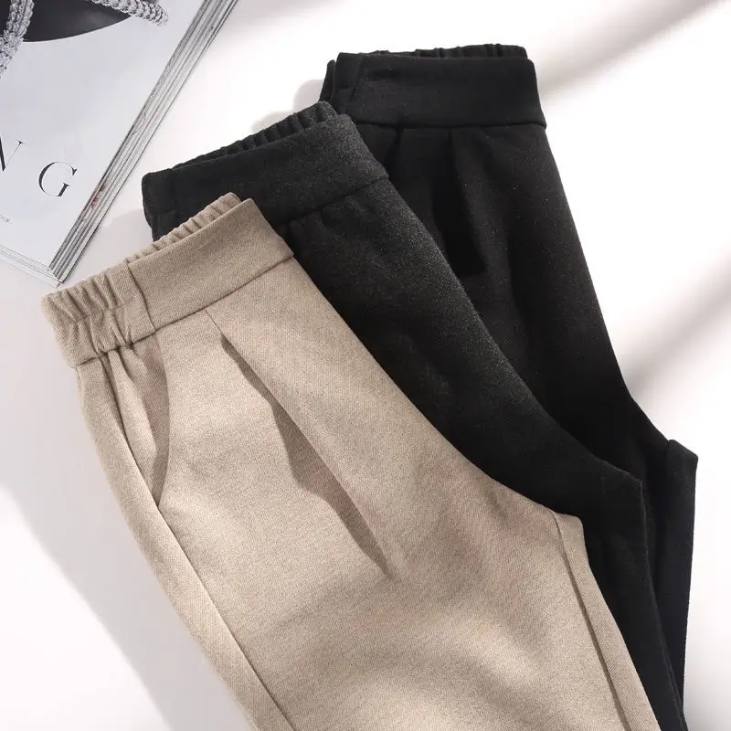 Women Woolen High Waist Slimming Pants Beige