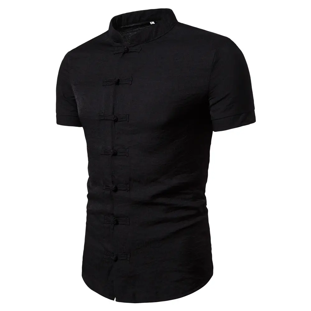 Men Chinese Style Button Down Shirt Light Grey Short Sleeve - Image 9