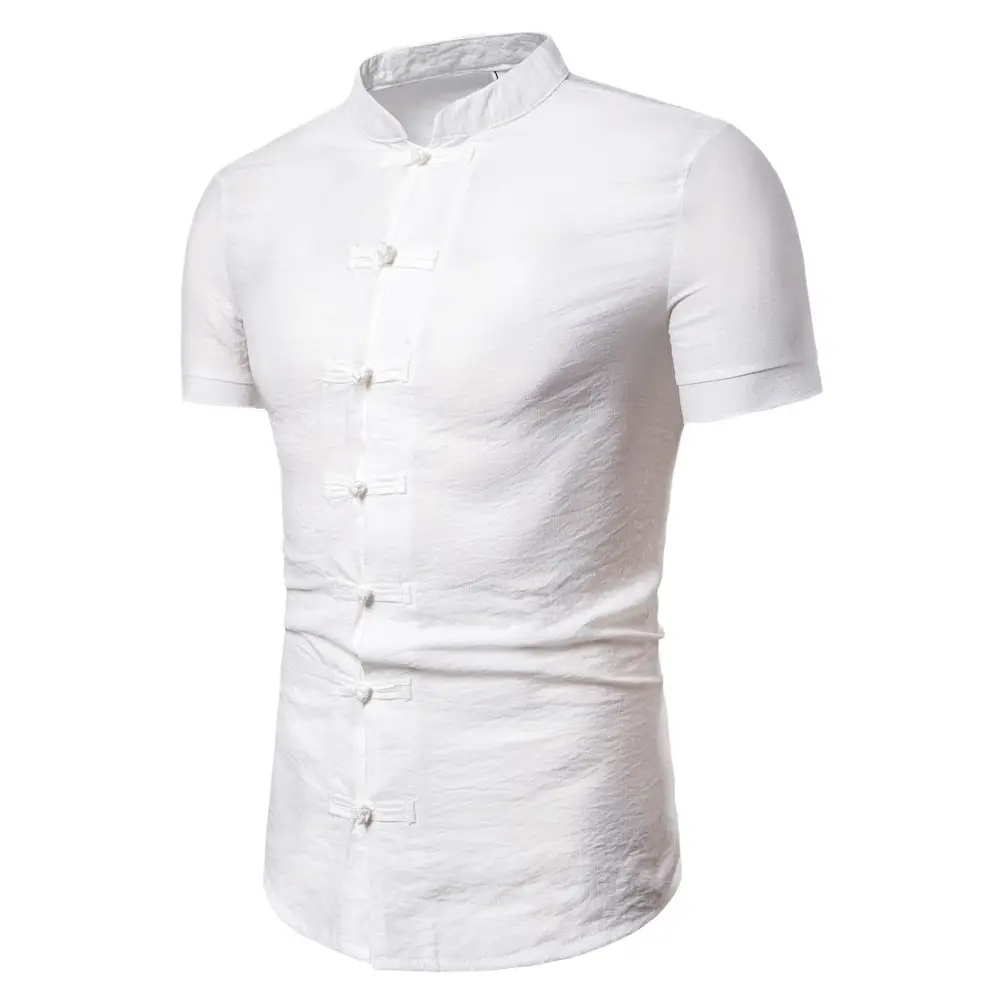 Men Chinese Style Button Down Shirt Light Grey Short Sleeve - Image 12