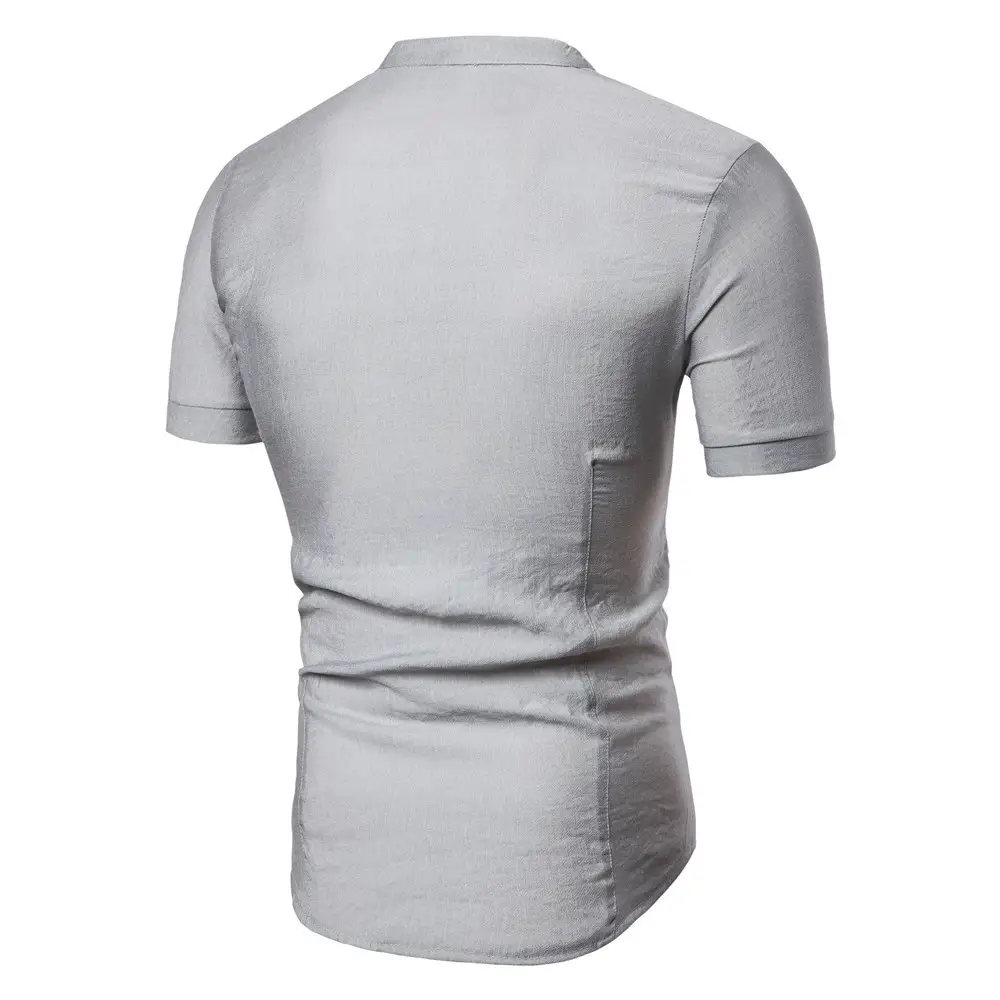 Men Chinese Style Button Down Shirt Light Grey Short Sleeve — feature 10