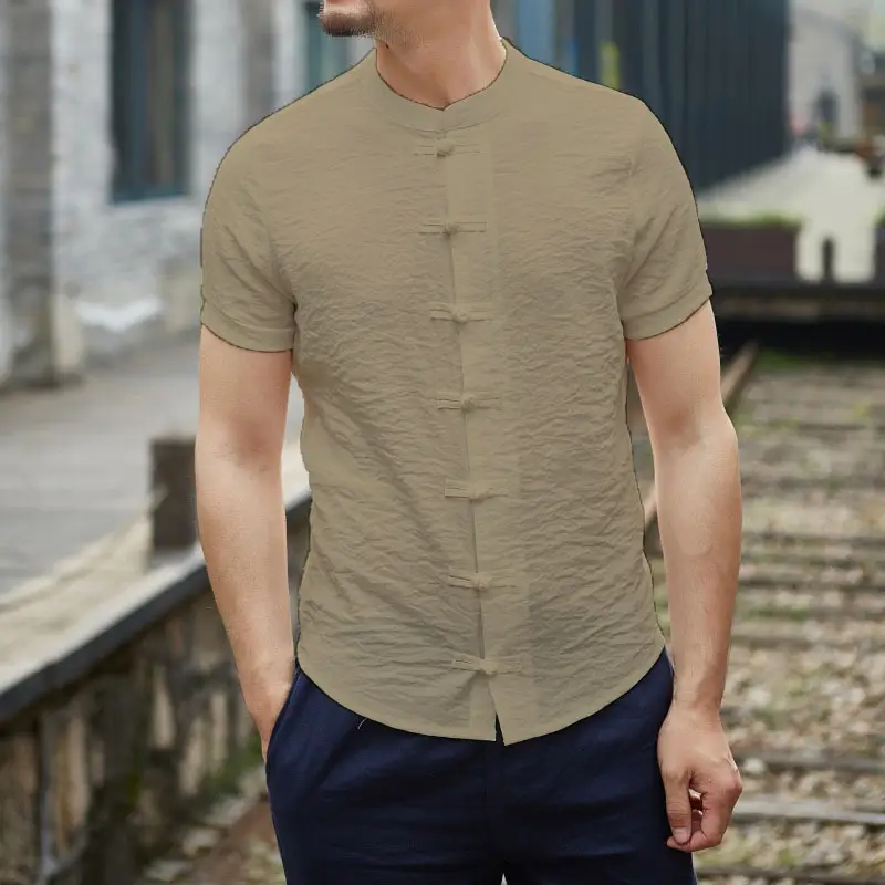 Men Chinese Style Button Down Shirt Light Grey Short Sleeve — feature 17