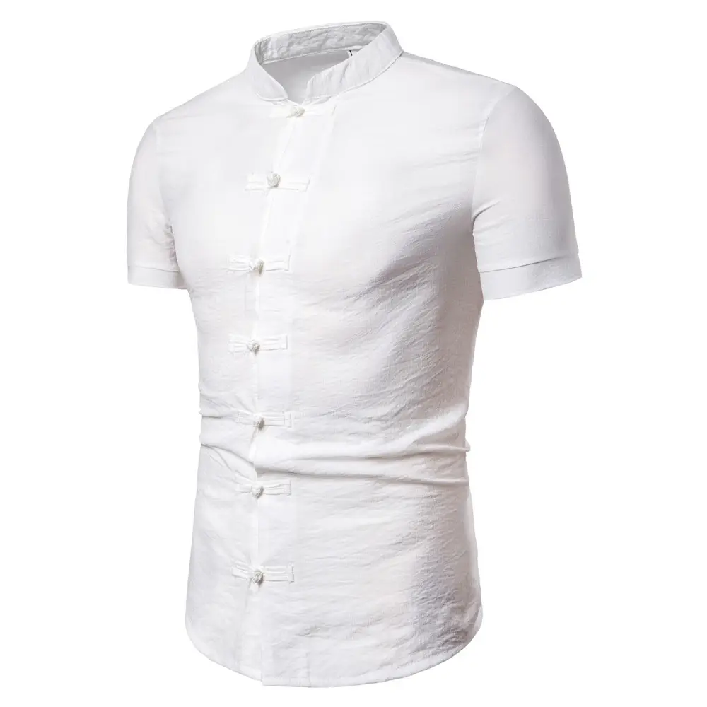Men Chinese Style Button Down Shirt Light Grey Short Sleeve — feature 5