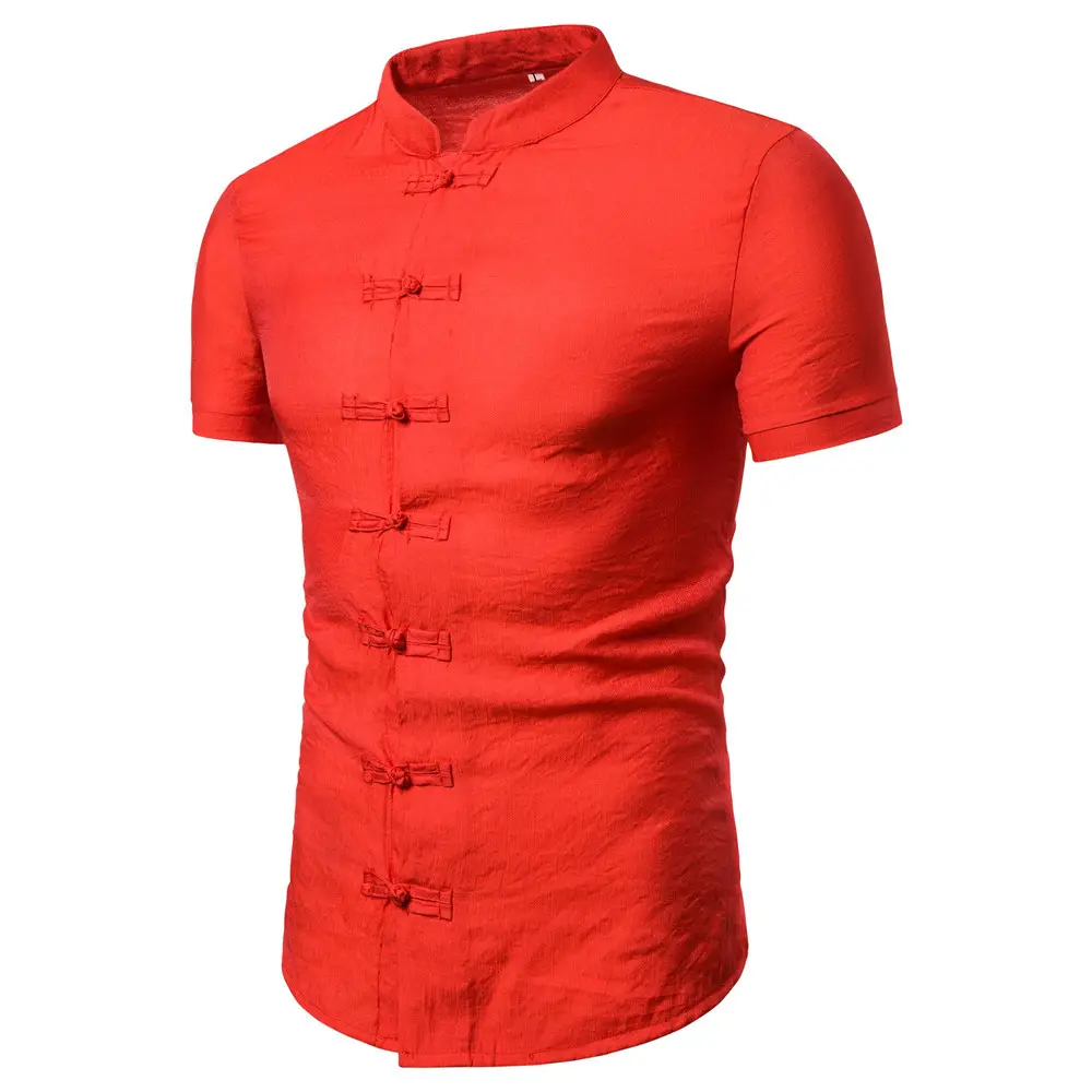 Men Chinese Style Button Down Shirt Light Grey Short Sleeve — feature 7