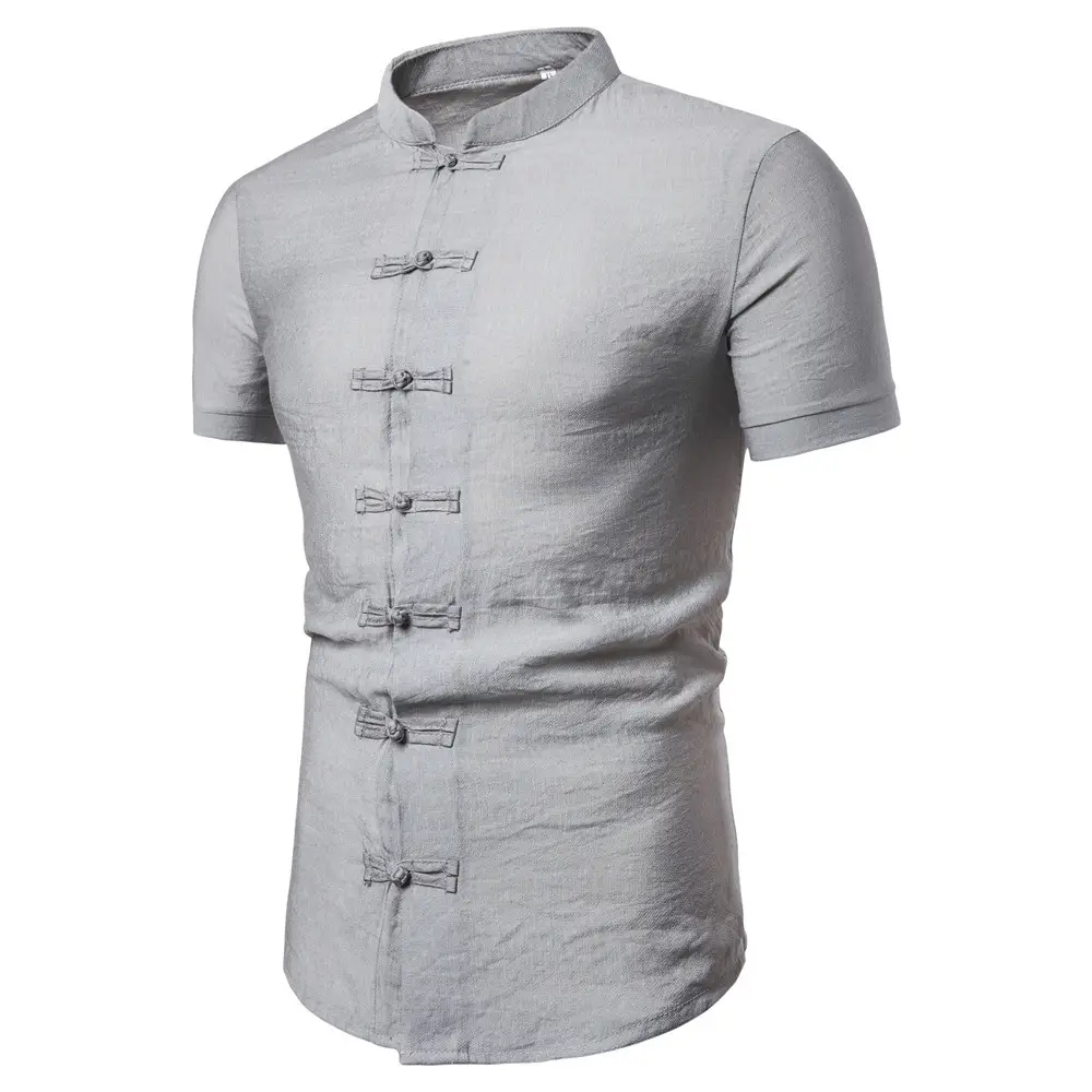 Men Chinese Style Button Down Shirt Light Grey Short Sleeve — feature 9