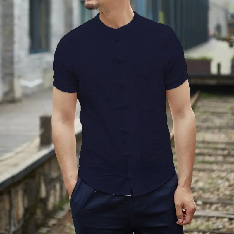 Men Chinese Style Button Down Shirt Light Grey Short Sleeve - Image 5