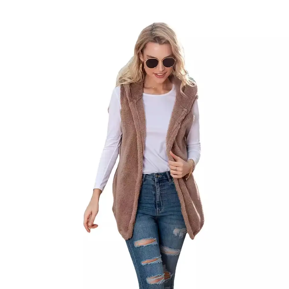 Women's Plush Hooded Vest Mid-Length Brown - Image 3