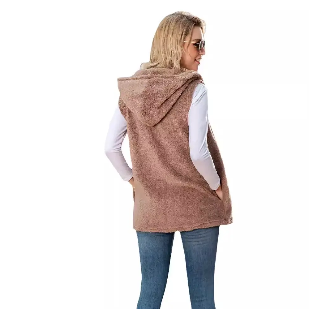 Women's Plush Hooded Vest Mid-Length Brown - Image 4