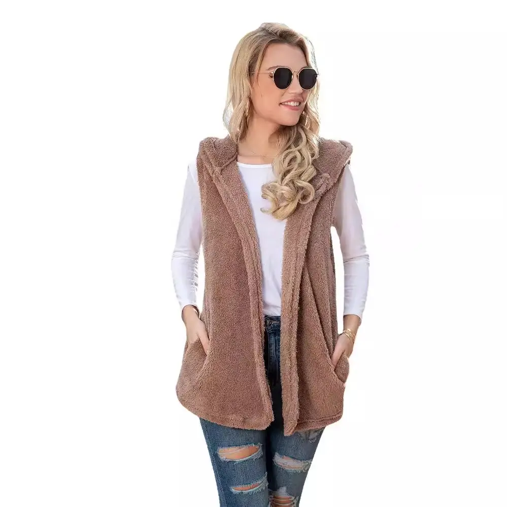 Women's Plush Hooded Vest Mid-Length Brown - Image 5