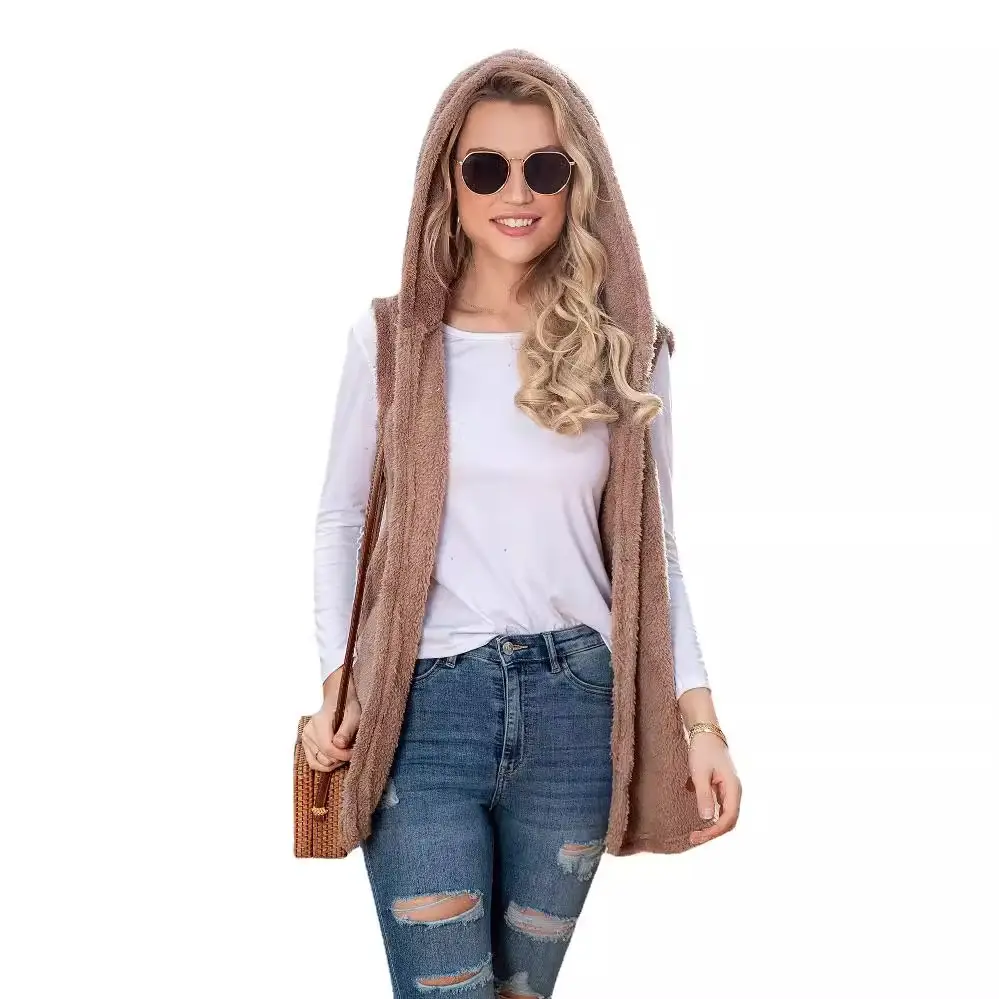 Women's Plush Hooded Vest Mid-Length Brown - Image 6