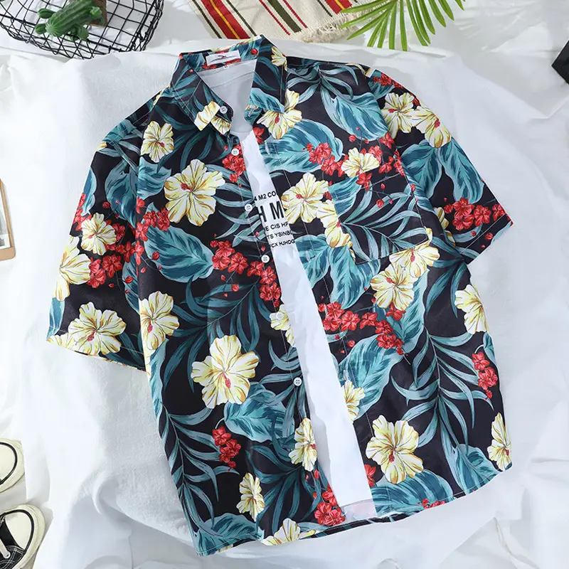 Men's Navy Floral Printed Short Sleeve Shirt - Image 23
