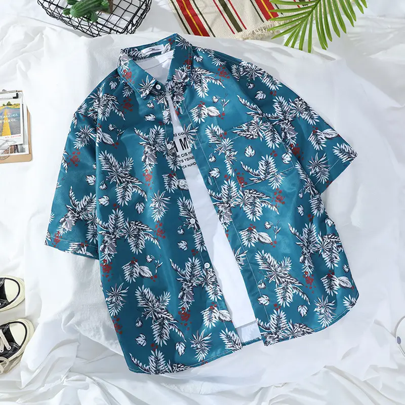 Men's Navy Floral Printed Short Sleeve Shirt - Image 16