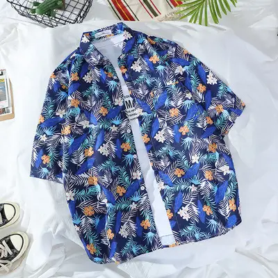 Men's Navy Floral Printed Short Sleeve Shirt - Image 17