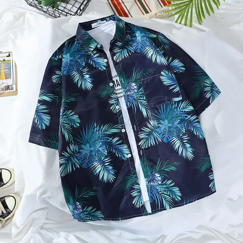 Men's Navy Floral Printed Short Sleeve Shirt - Image 18