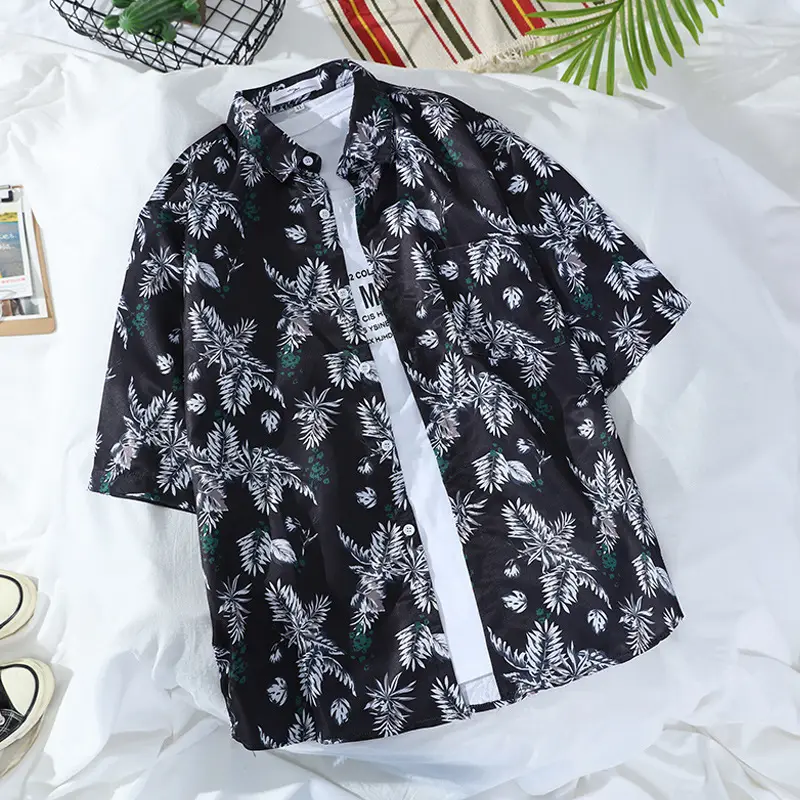 Men's Navy Floral Printed Short Sleeve Shirt - Image 19