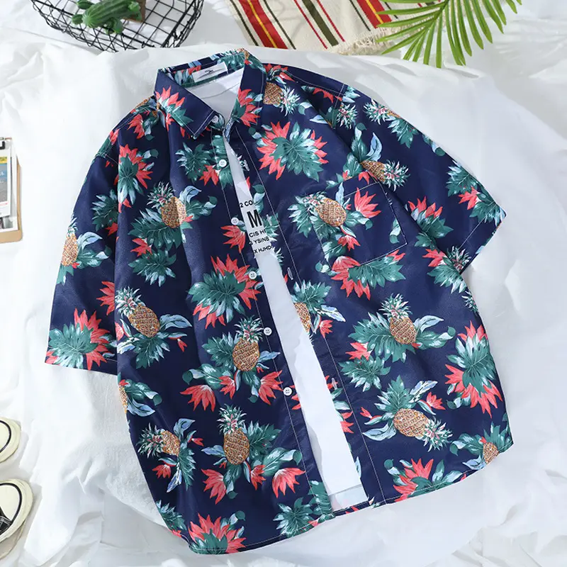 Men's Navy Floral Printed Short Sleeve Shirt - Image 2