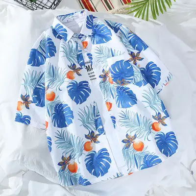 Men's Navy Floral Printed Short Sleeve Shirt - Image 20
