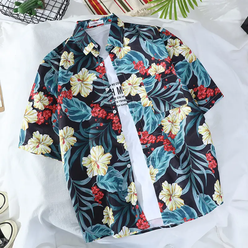 Men's Navy Floral Printed Short Sleeve Shirt - Image 21