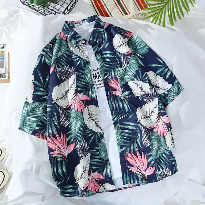 Men's Navy Floral Printed Short Sleeve Shirt - Image 4