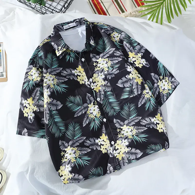 Men's Navy Floral Printed Short Sleeve Shirt - Image 5
