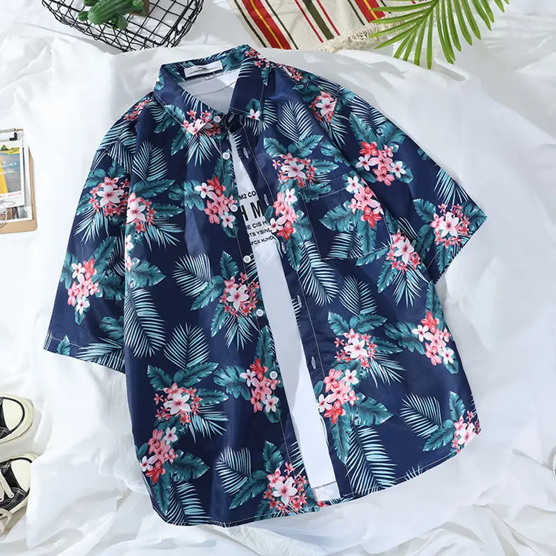 Men's Navy Floral Printed Short Sleeve Shirt - Image 7