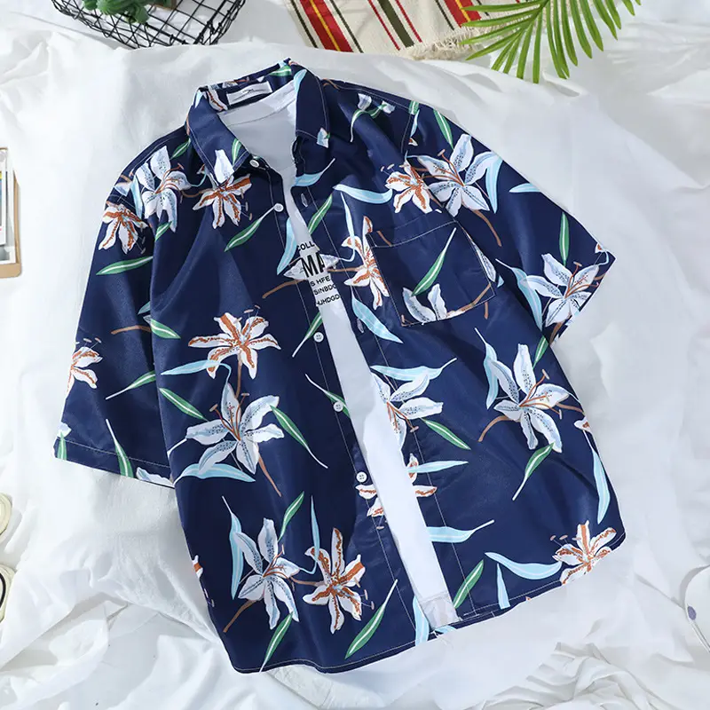 Men's Navy Floral Printed Short Sleeve Shirt - Image 9